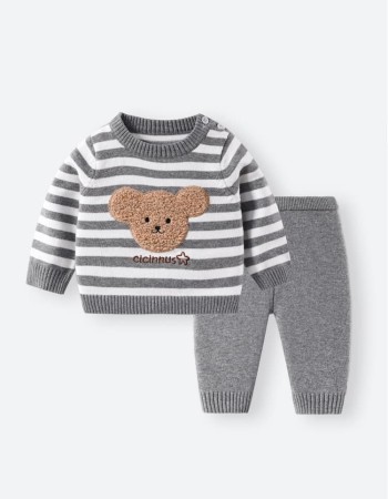 Children's striped cartoon bear head pullover knitted suit