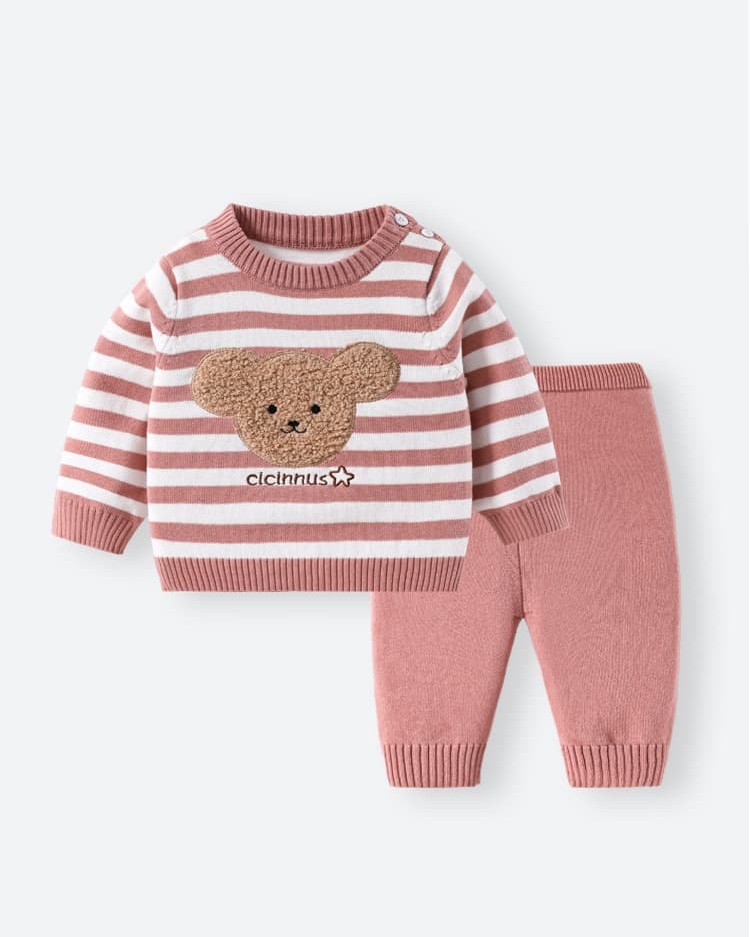 Children's striped cartoon bear head pullover knitted suit