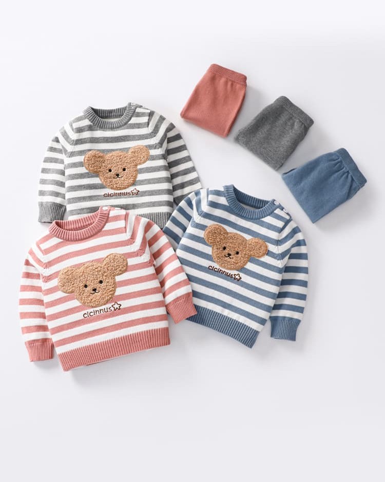 Children's striped cartoon bear head pullover knitted suit