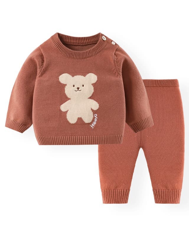 Solid color round neck pullover sweater suit for children