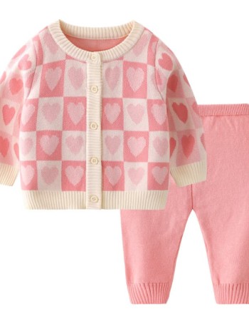 Spring and Autumn Girls' Love Plaid Round Neck Knitted Cardigan Set