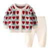 Spring and Autumn Girls' Love Plaid Round Neck Knitted Cardigan Set