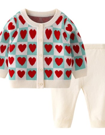 Spring and Autumn Girls' Love Plaid Round Neck Knitted Cardigan Set