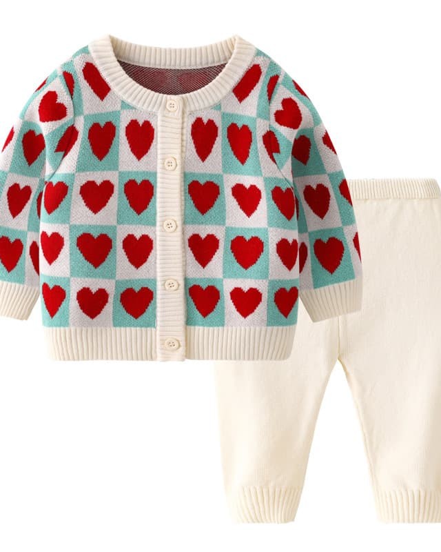Spring and Autumn Girls' Love Plaid Round Neck Knitted Cardigan Set