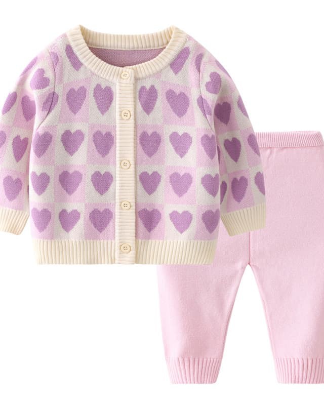 Spring and Autumn Girls' Love Plaid Round Neck Knitted Cardigan Set