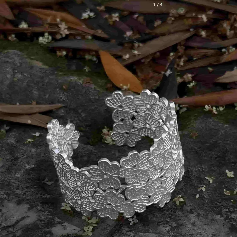 Three-Leaf Embroidered Lace Hollow Silver Flower Wide Bracelet Adjustable Three-Leaf Embroidered Lace Hollow Silver Flower Wide Bracelet Adjustable