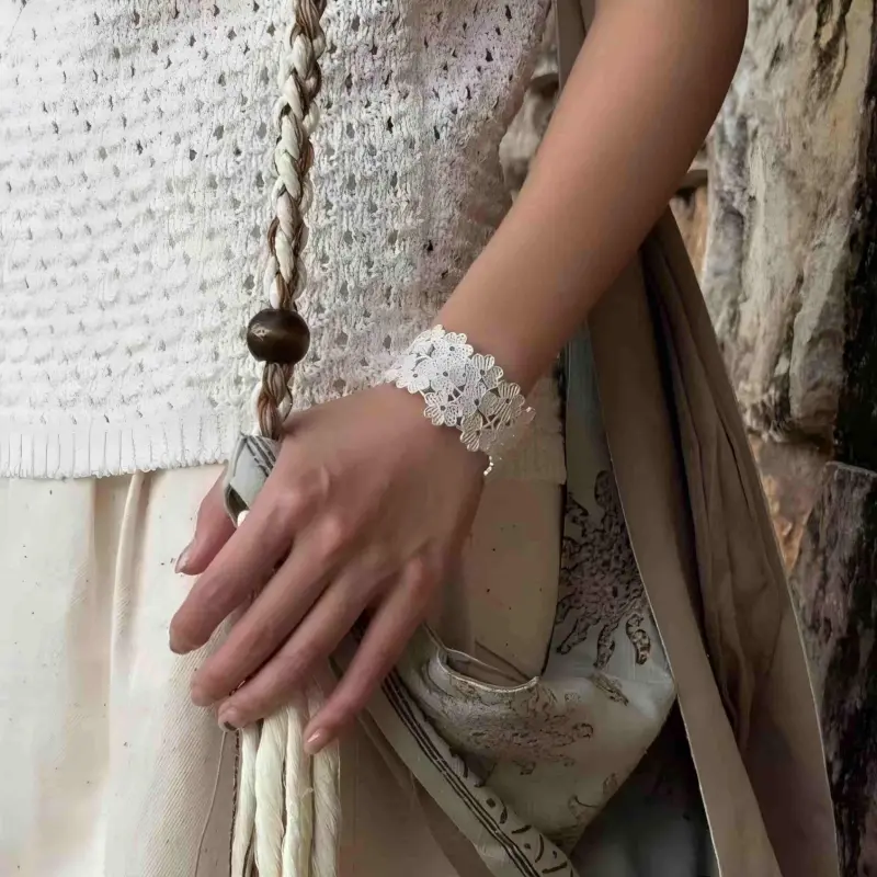 Three-Leaf Embroidered Lace Hollow Silver Flower Wide Bracelet Adjustable Three-Leaf Embroidered Lace Hollow Silver Flower Wide Bracelet Adjustable