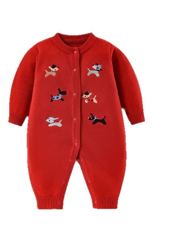 Infant and toddler autumn and winter knitted jumpsuit cute cartoon embroidered sweater crawling clothes