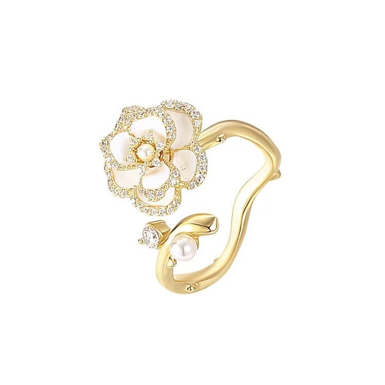 Golden Camellia Series Romantic Flower Ring White Drop Oil Elegant Open Ring Golden Camellia Series Romantic Flower Ring White Drop Oil Elegant Open Ring