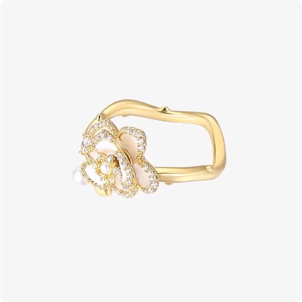 Golden Camellia Series Romantic Flower Ring White Drop Oil Elegant Open Ring Golden Camellia Series Romantic Flower Ring White Drop Oil Elegant Open Ring