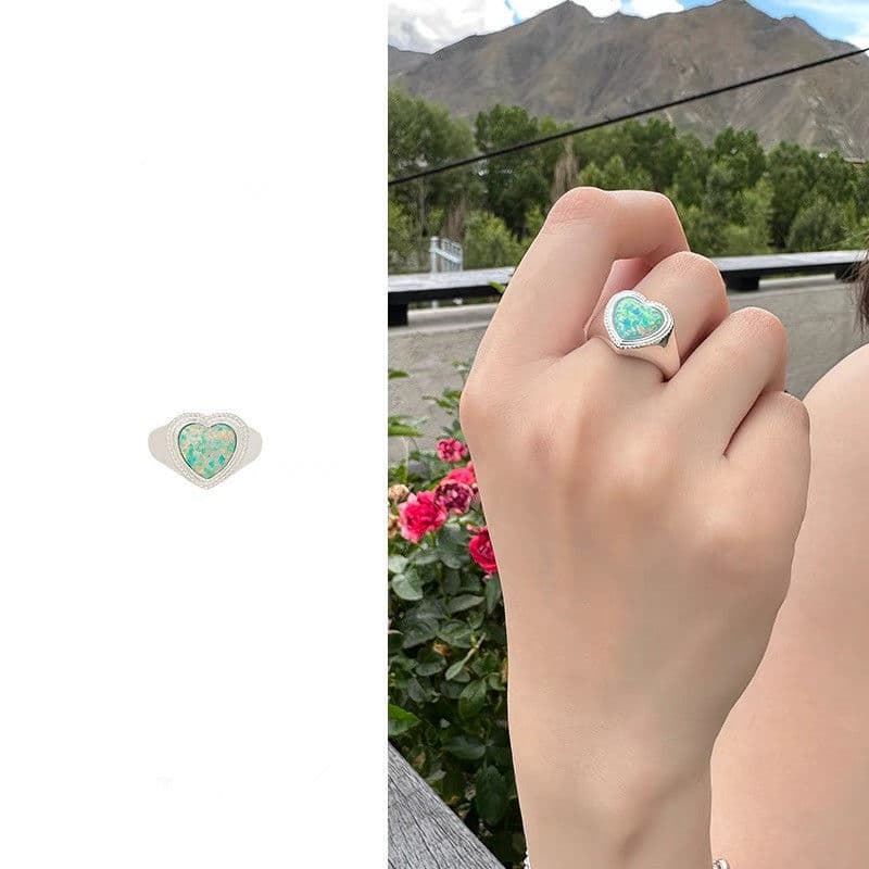 Opal Love Ring Heart Open Ring Retro Jewelry Opal Love Ring Heart Open Ring Retro Jewelry
