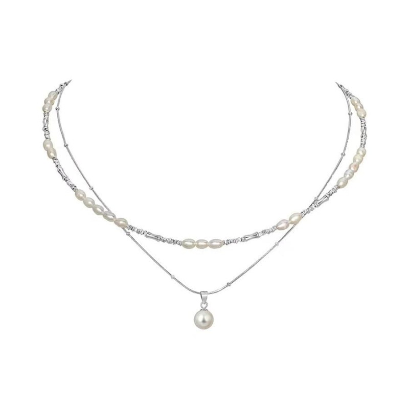 925 Sterling Silver Broken Silver Freshwater Pearl Necklace Women'S Bamboo Double Layered Clavicle Chain